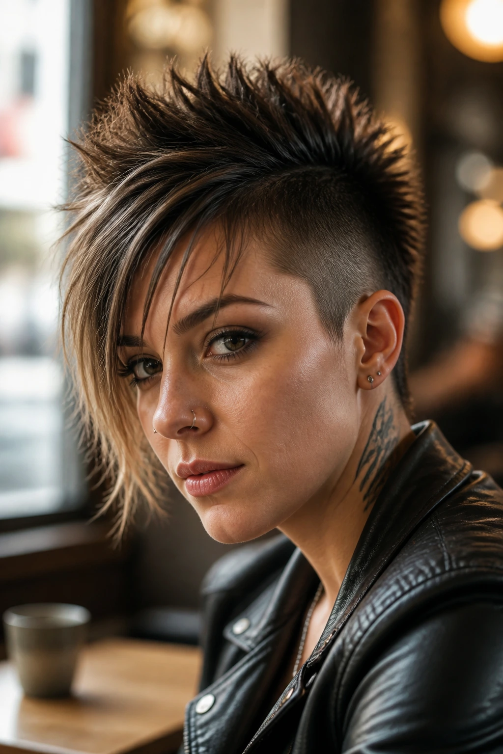 Close-up of person with fringed mohawk framed by natural light at cafe window.