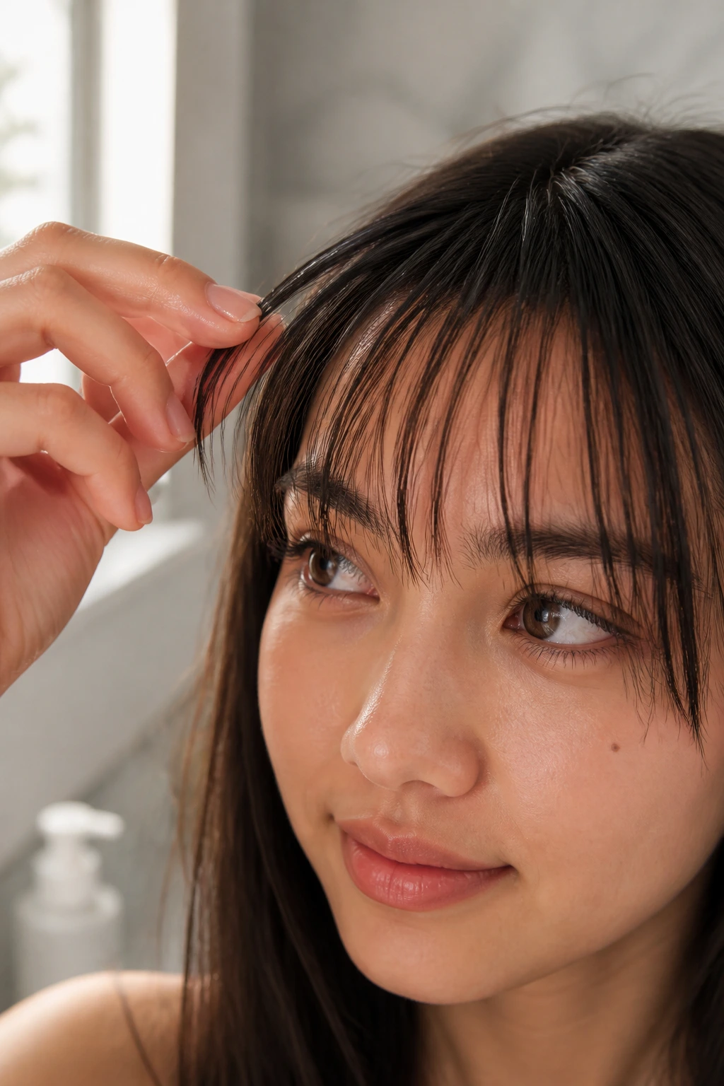 Close-up of bangs kept soft and separated with minimal oil