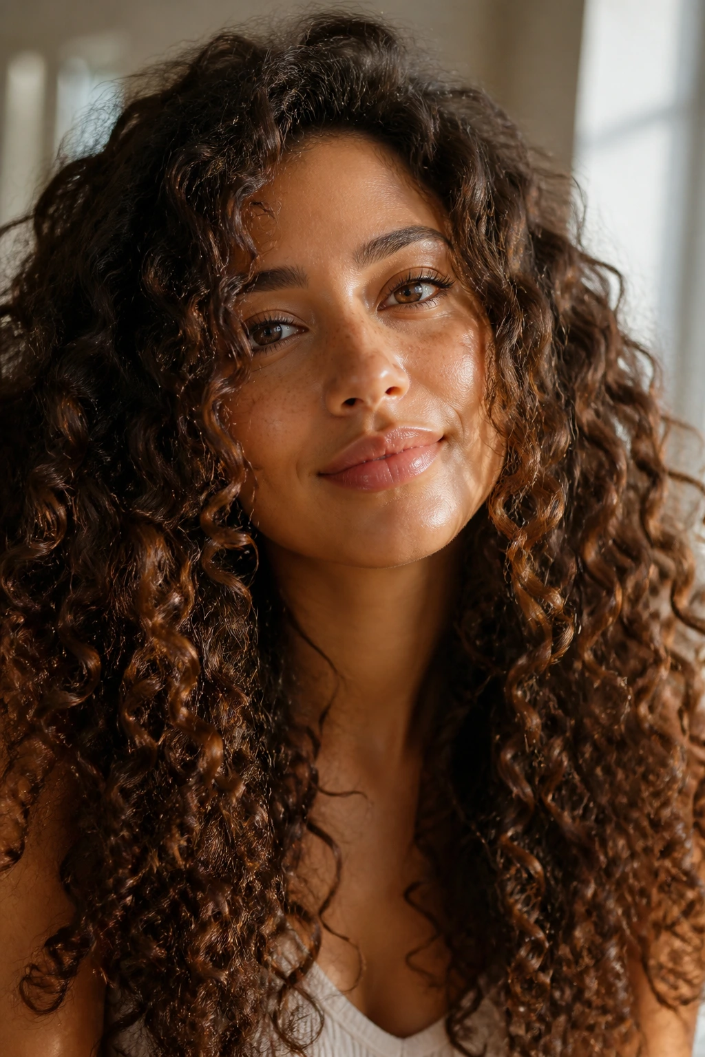 Close-up portrait of a real woman with curly hair filling frame, frizz controlled