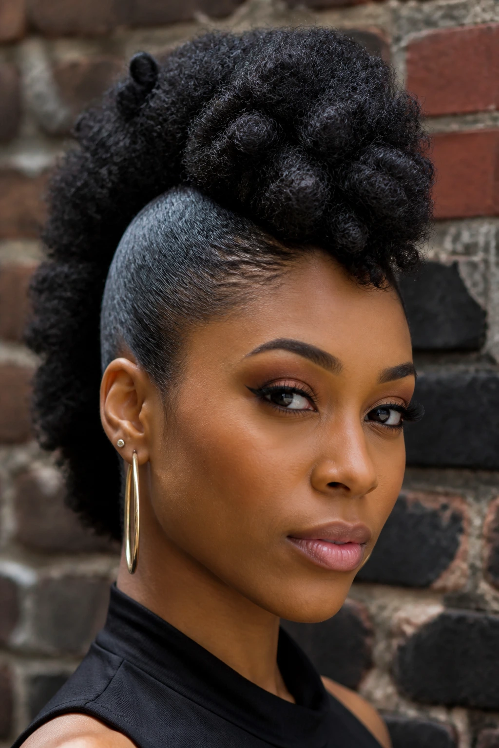 Close-up portrait of a real person with a fro-hawk hairstyle