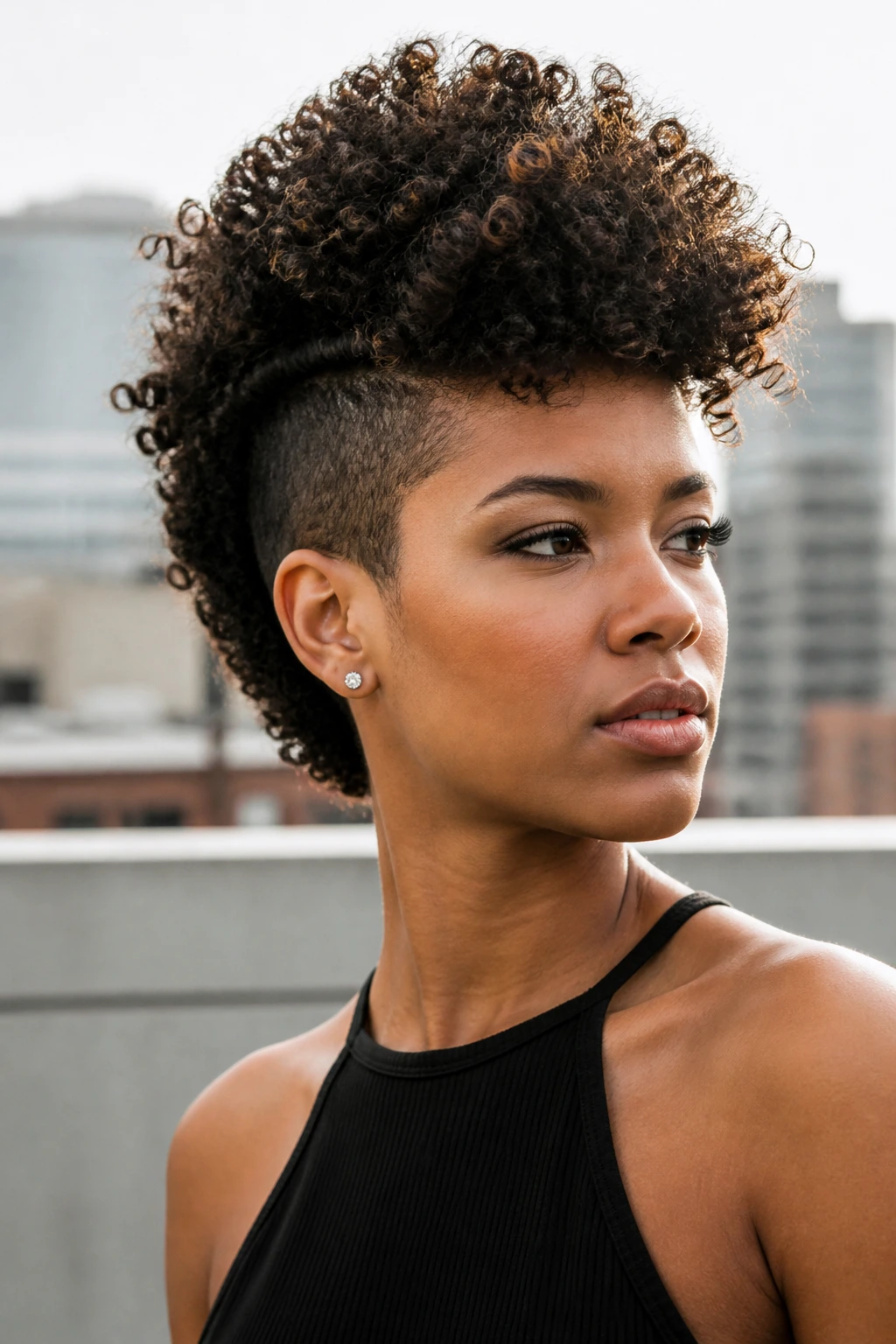 Head-and-shoulders portrait of a real person with a curly fro-hawk and shaved sides.