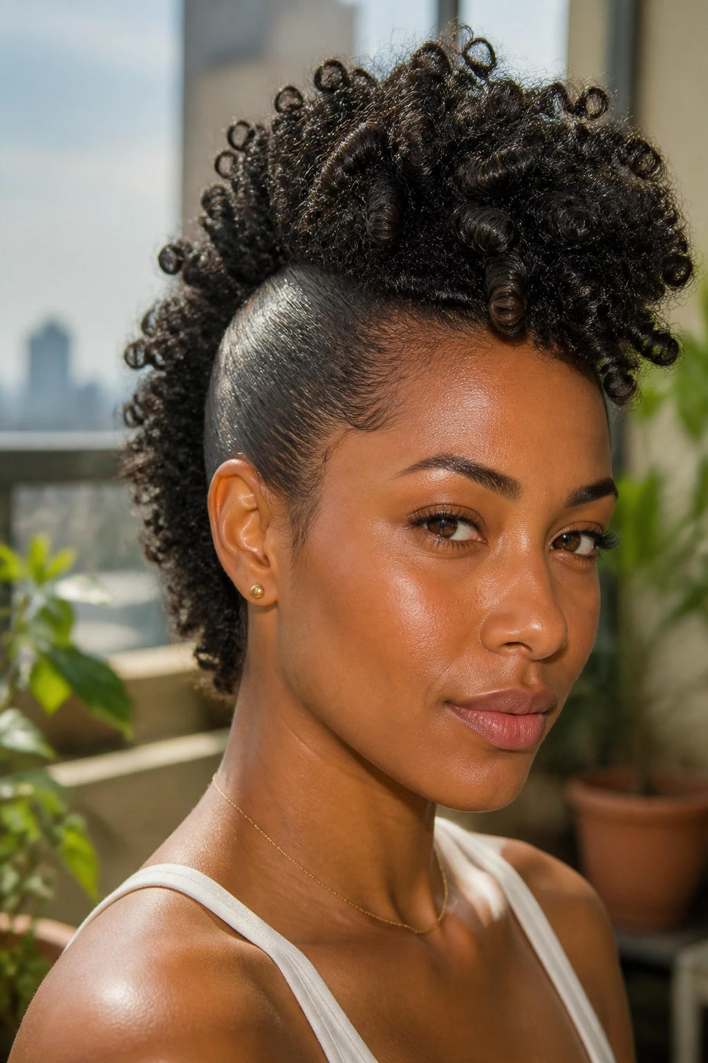 Close-up of a real woman with a natural fro-hawk hairstyle featuring tight coils and slick sides