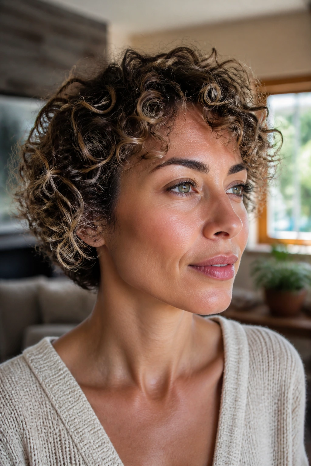 Close-up of a real person with frosted tips on curly hair highlighting lightened ends.