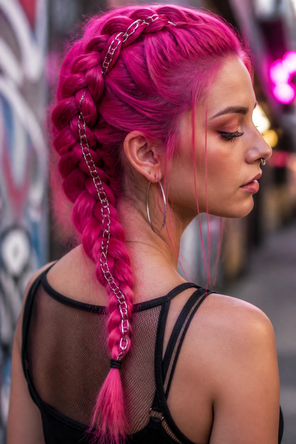 Real person with electric fuchsia French braid and linked chains