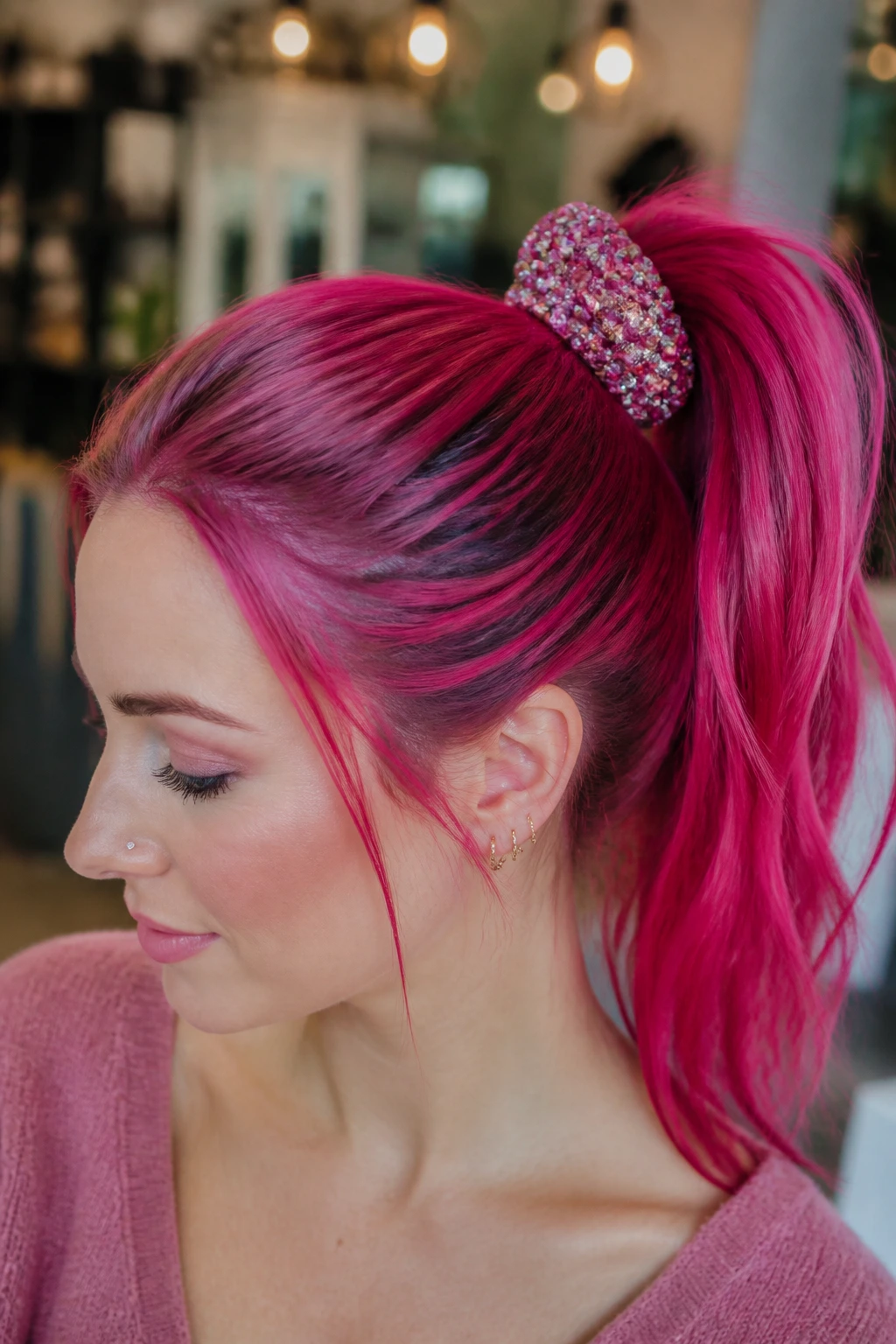 Fuchsia ponytail with jeweled scrunchee on real person