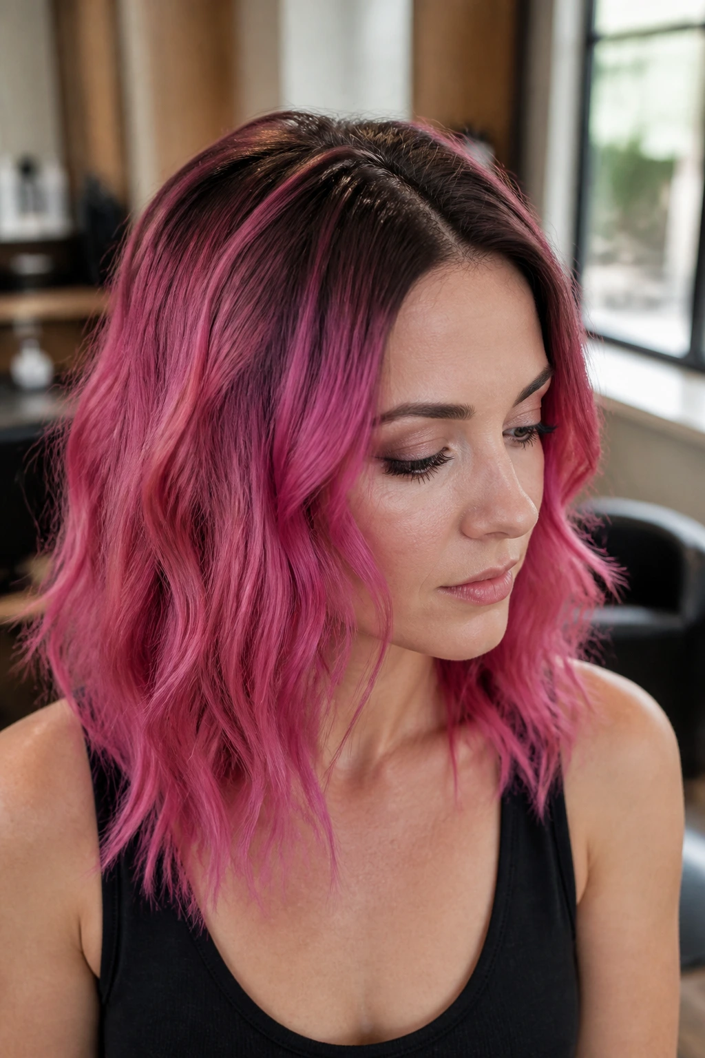 Close-up of a real person with rooted fuchsia hair showing dark roots