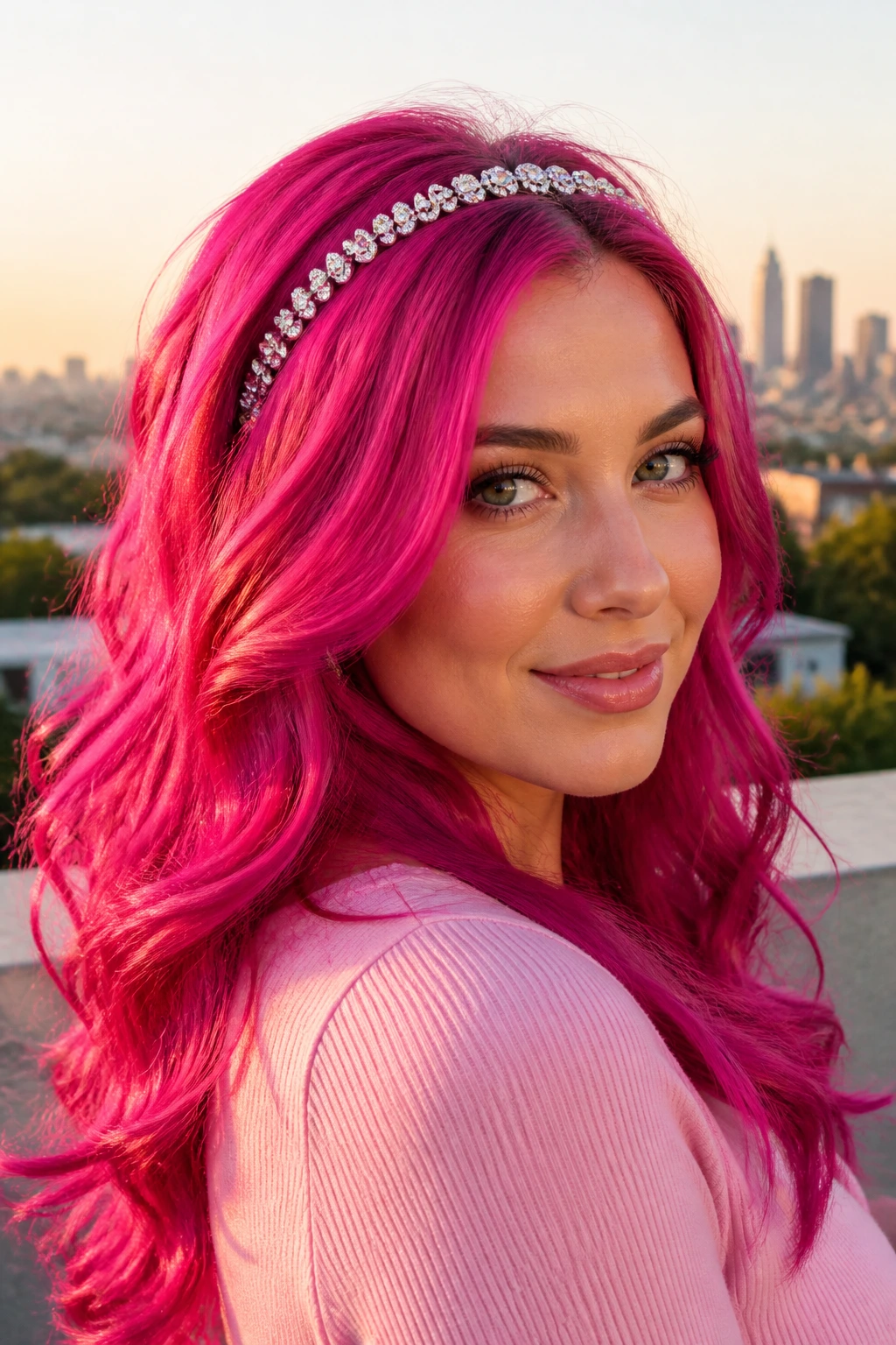 Close-up of fuchsia waves with jeweled bling headband on a real woman