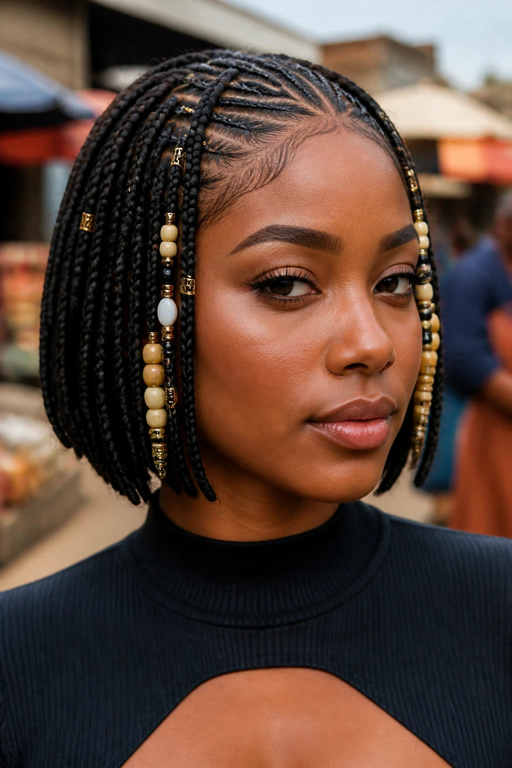 Close-up of a real woman with a short bob featuring Fulani beads and strings on the sides.