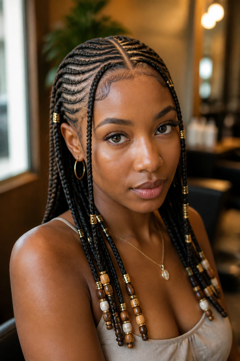 Close-up of a woman with Fulani braids and bead accents