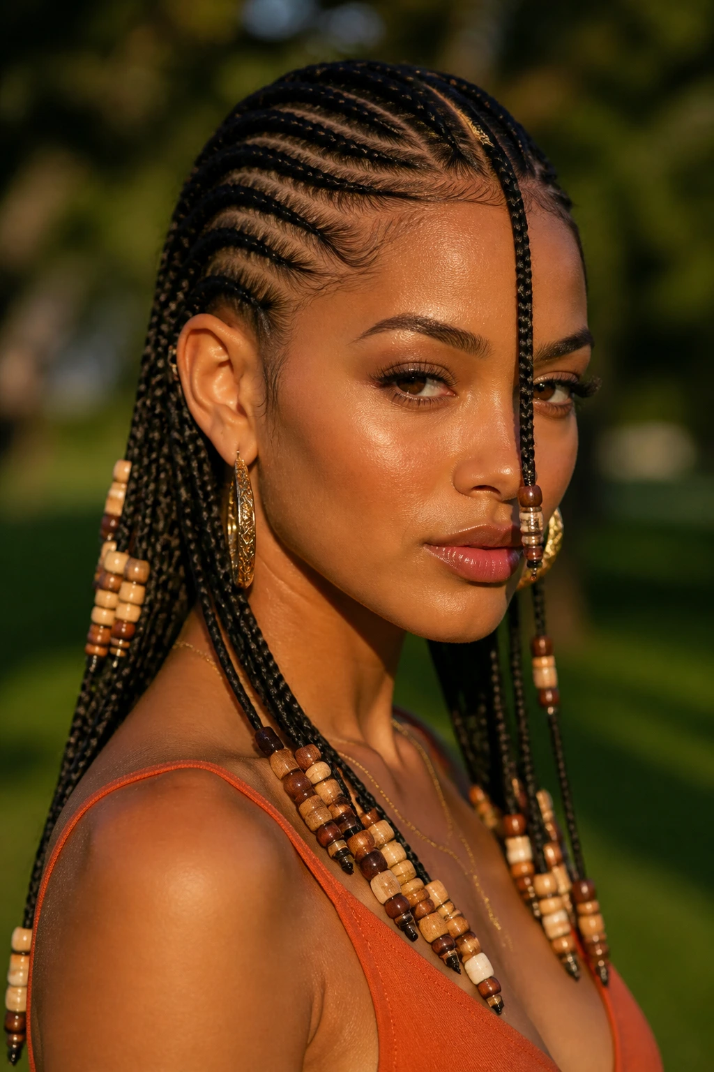 Portrait of a real person with Fulani braids and beads outdoors at golden hour