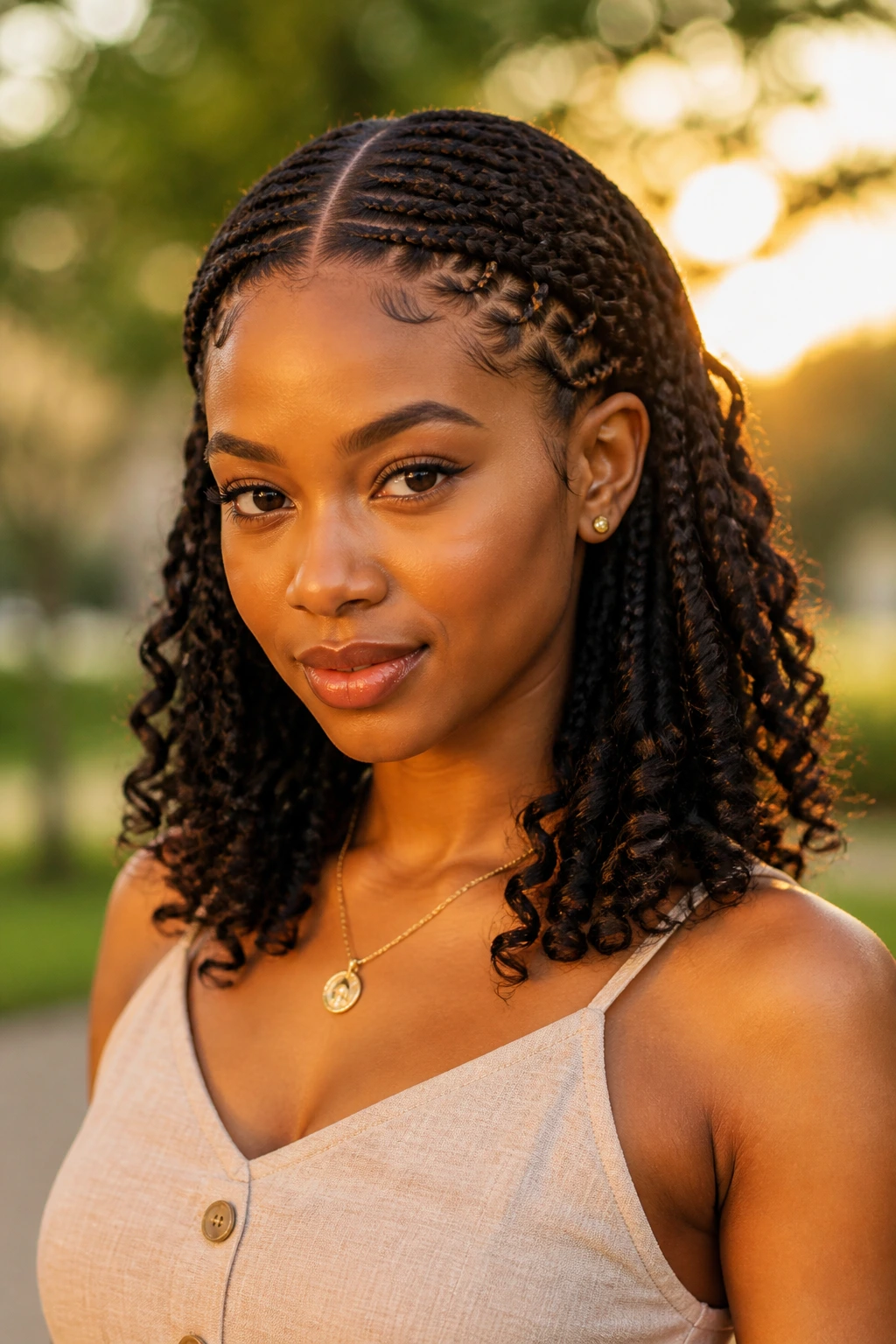 Fulani-inspired braids with wand curls on a real woman, central part and side braids curling toward the ears