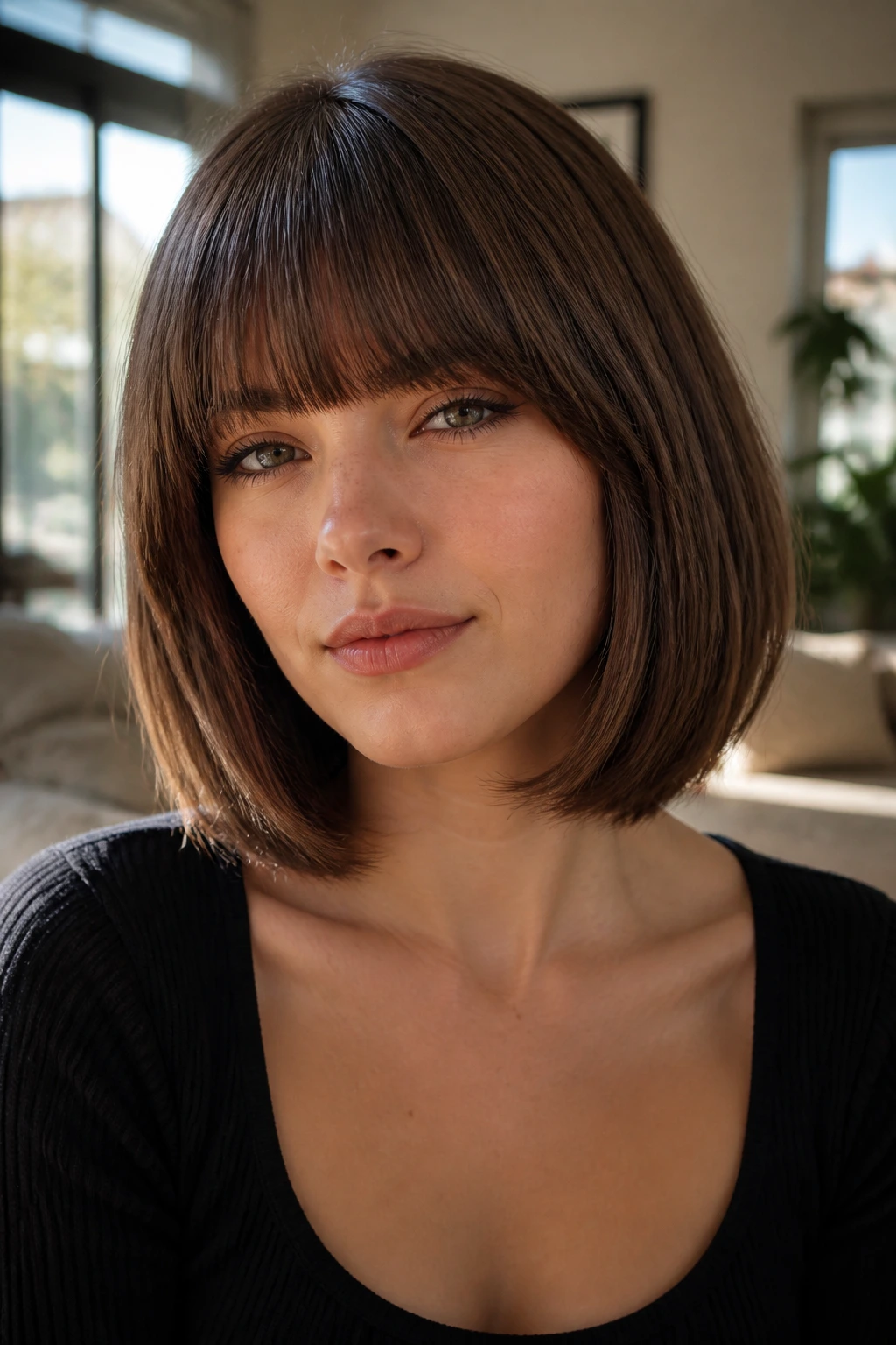 Close-up of a real person with a thick fringe and mid-length hair portrait