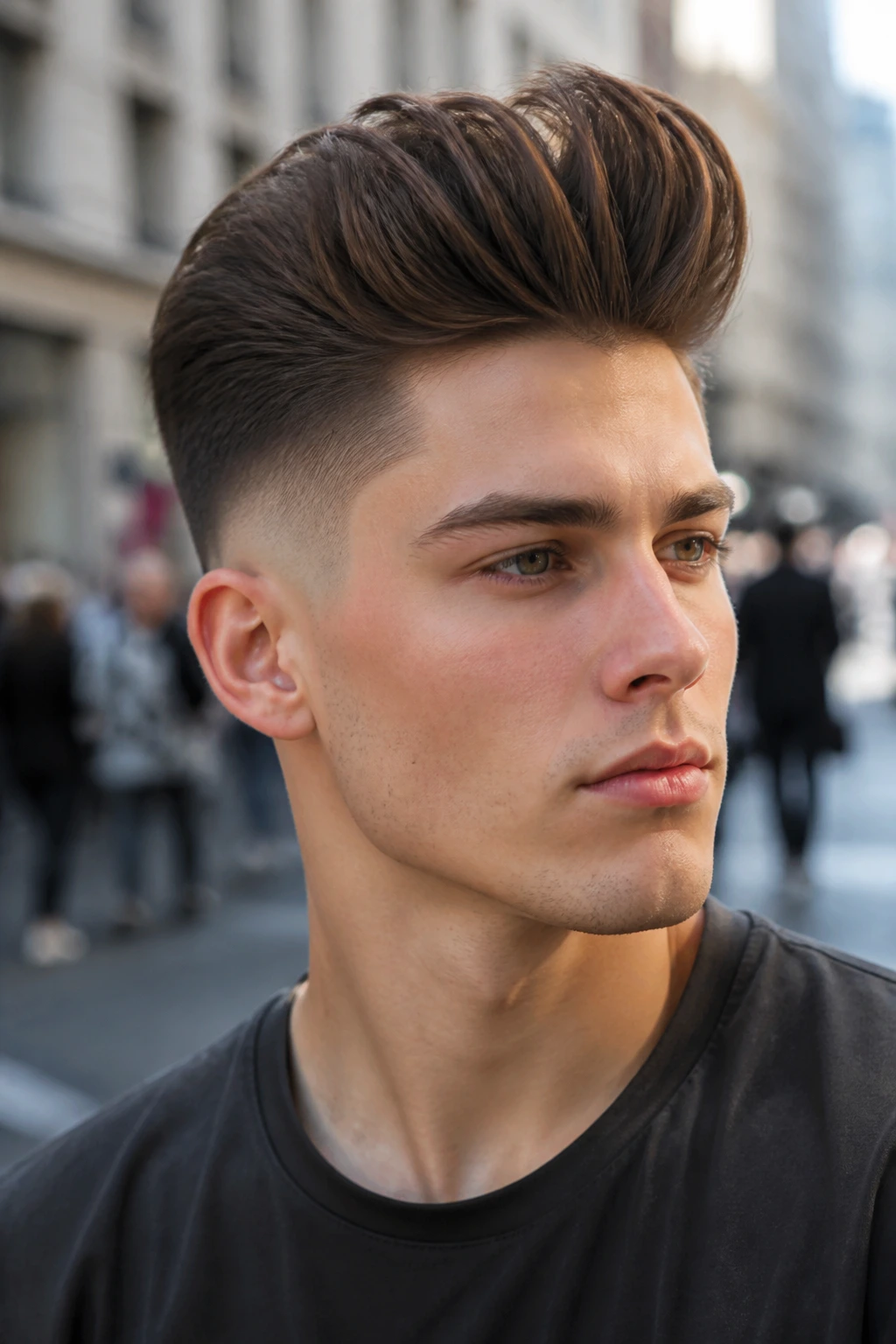 Close-up of a man with a full-volume pompadour hairstyle