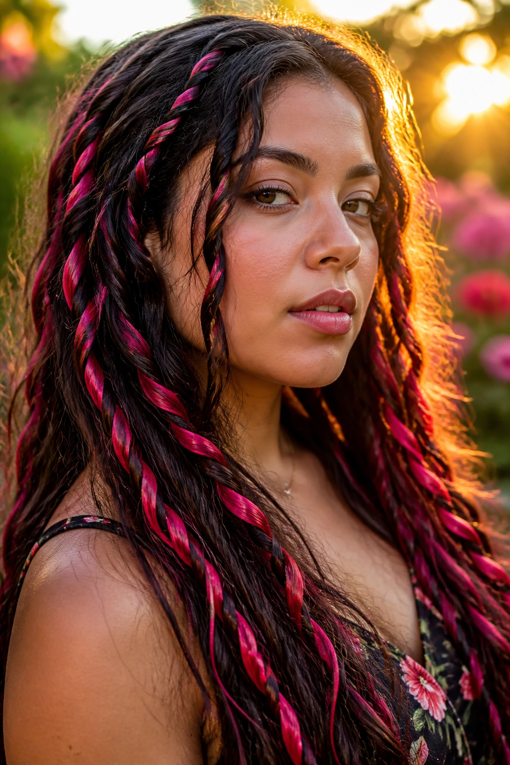 Close-up of a real person with fuschia ribbon highlights in long hair