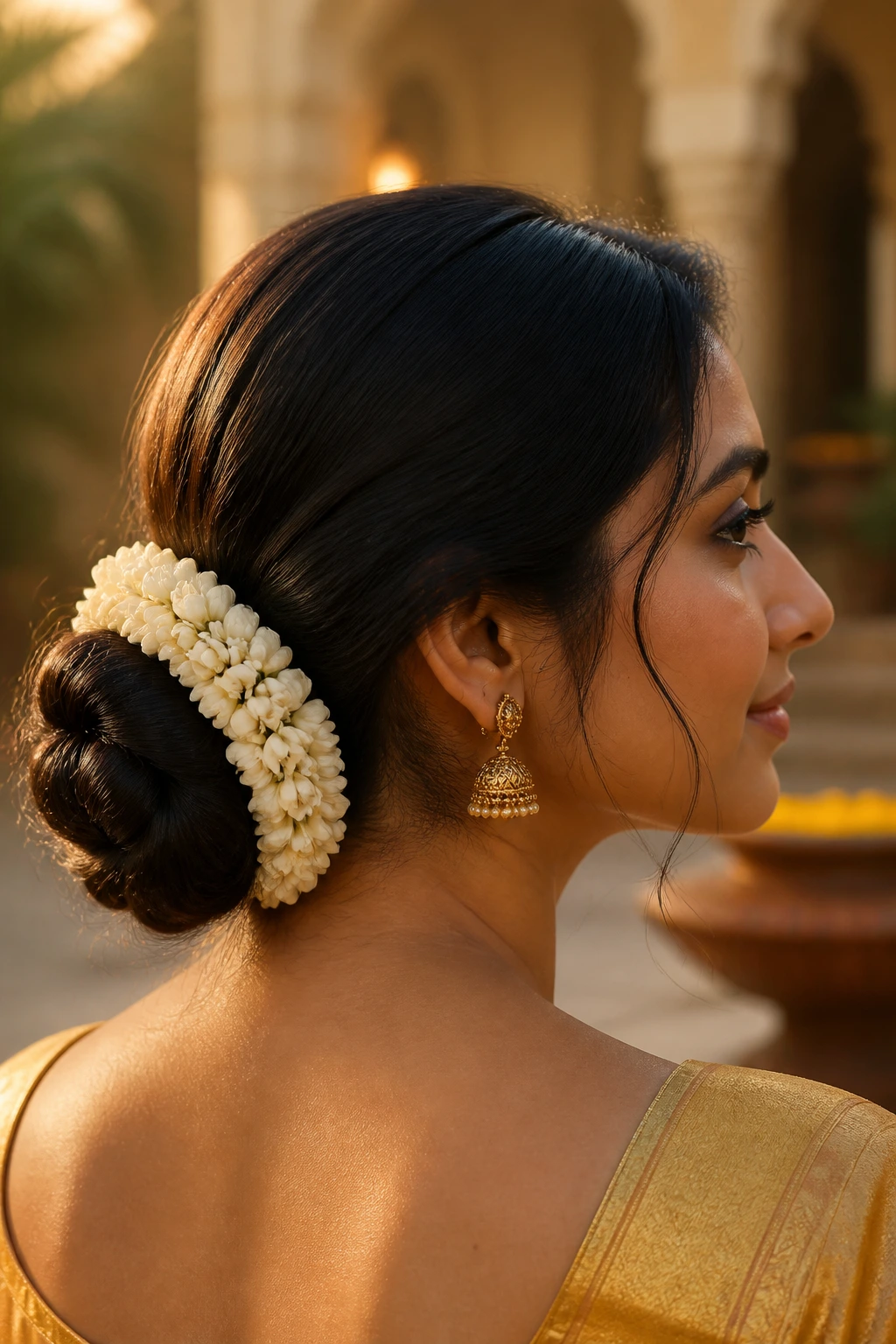Close-up of a real woman's gajra-wrapped low bun with jasmine.