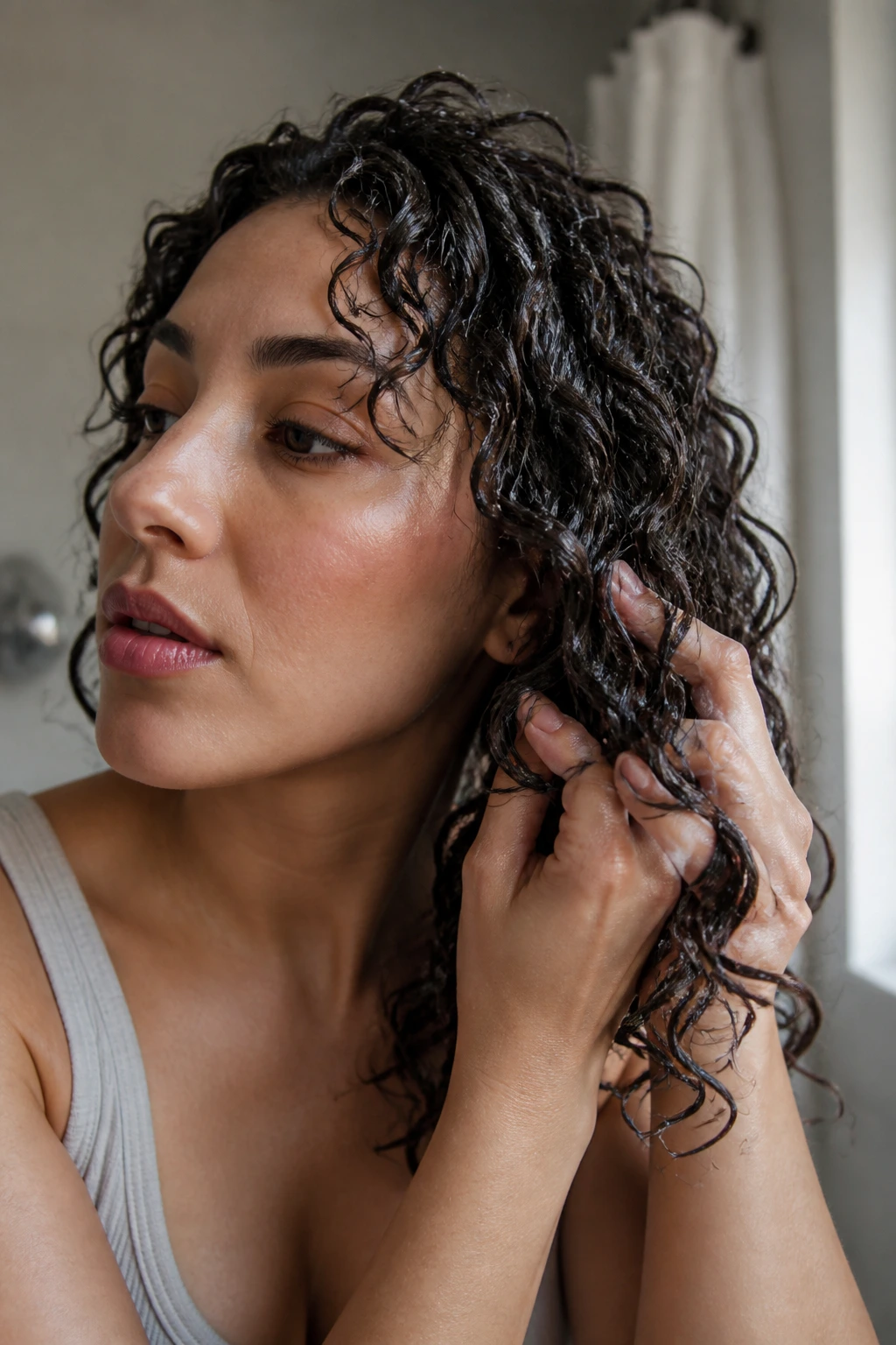 Close-up of a real person breaking the gel cast in curls with hands
