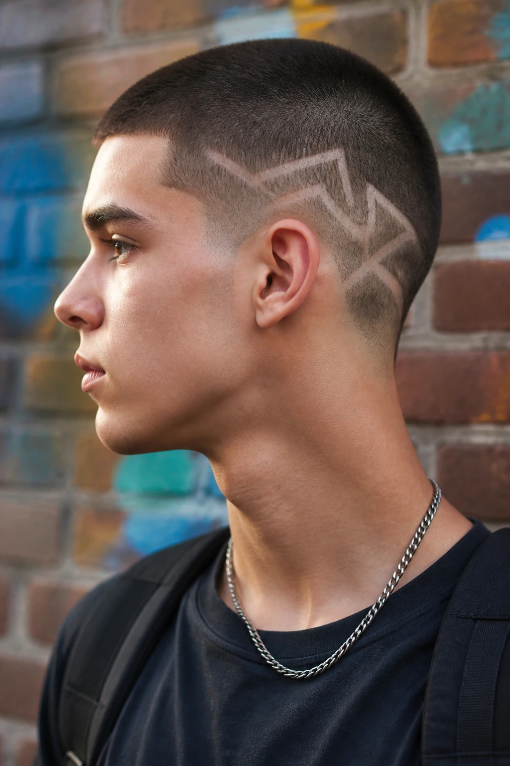 Real person with geometric shaved shapes on a buzz cut
