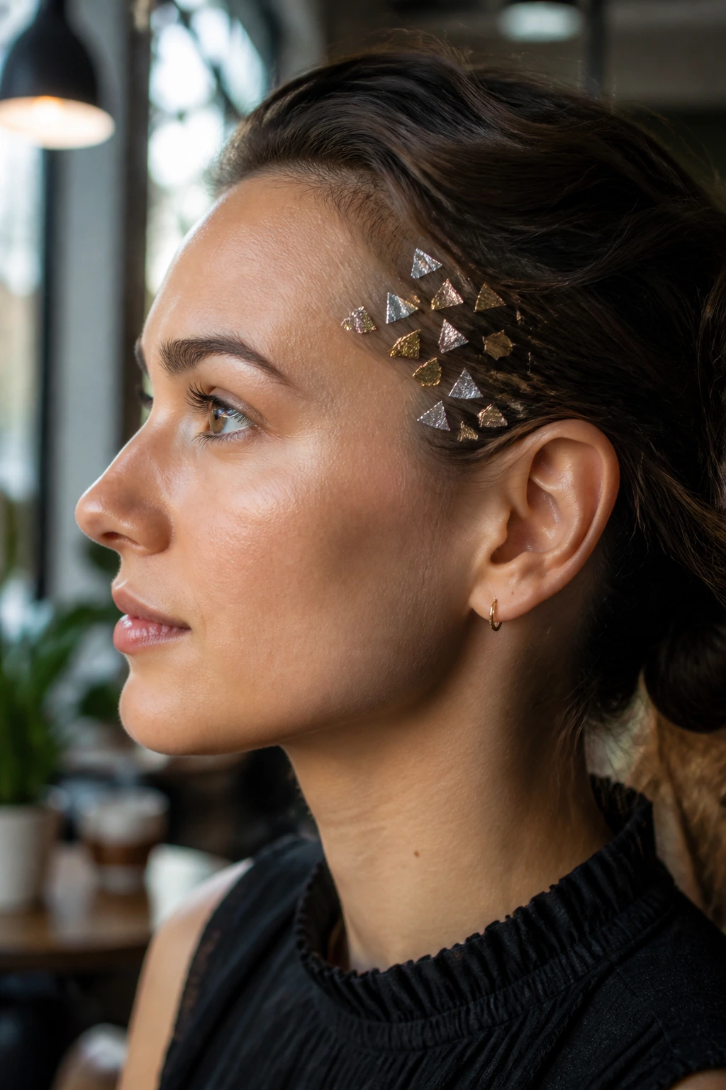 Side profile with geometric metallic foil accents at temple