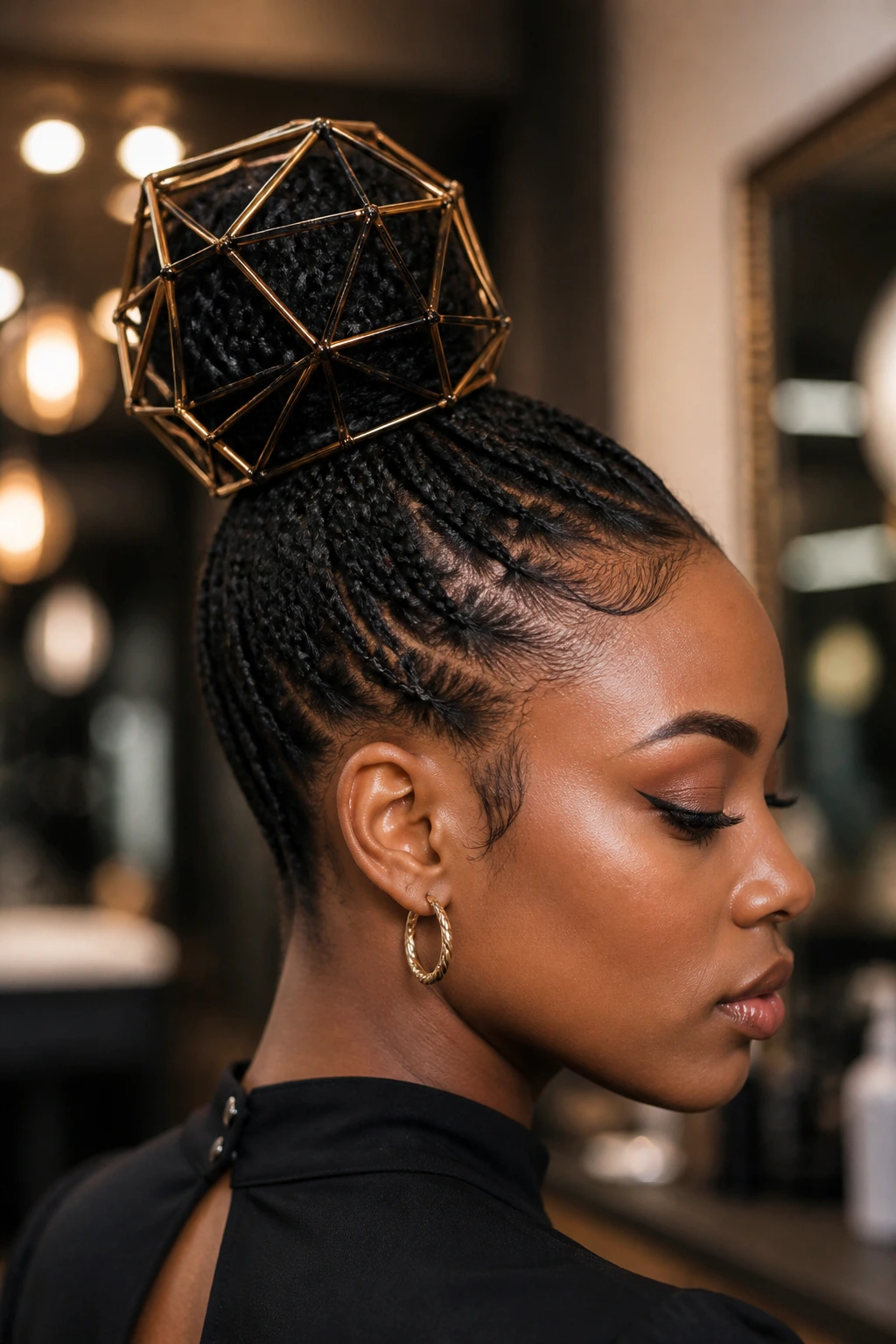 Close-up of a real woman's braided bun inside a geometric metal hair cage in a salon