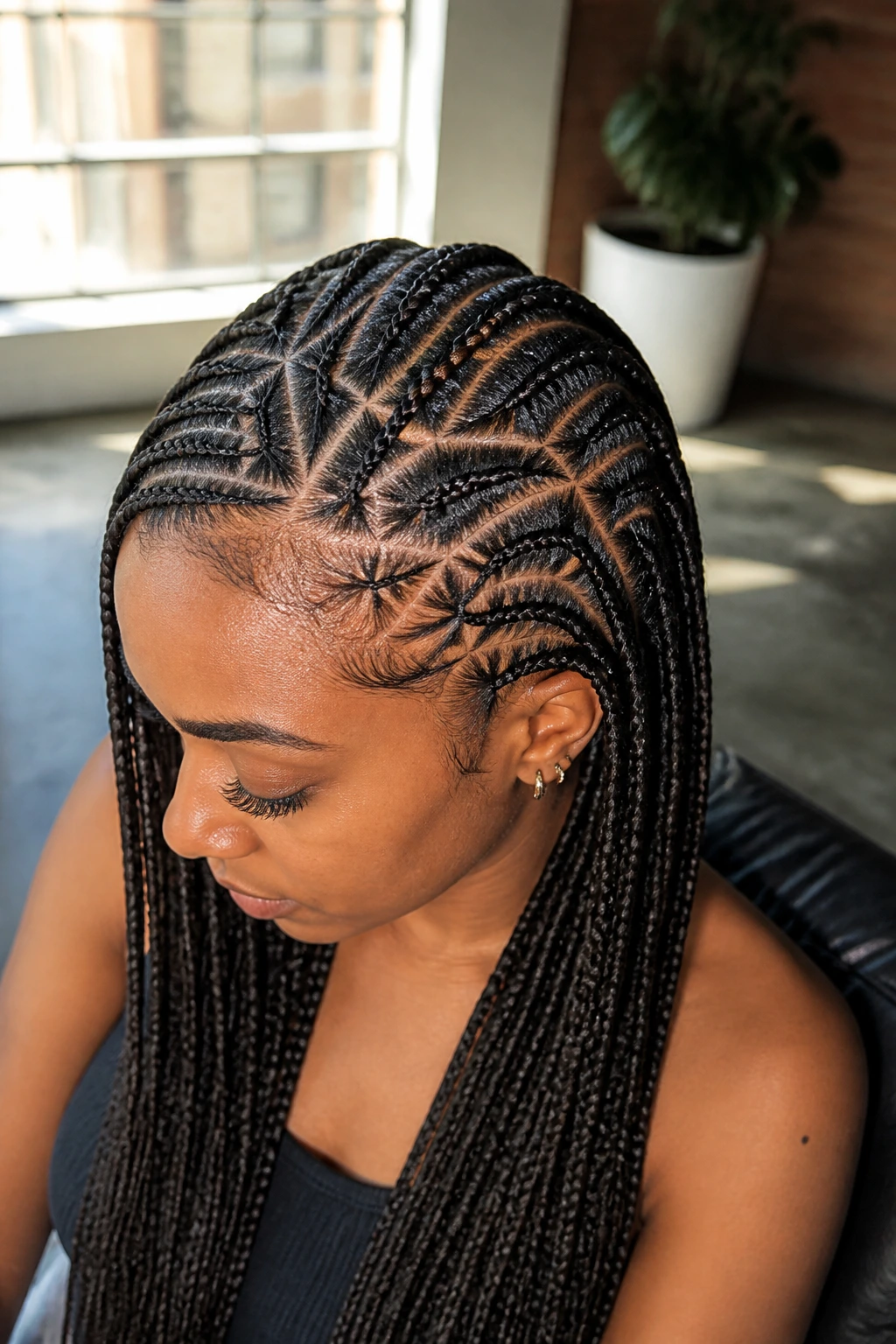Close-up of geometric micro cornrow parting on a real person