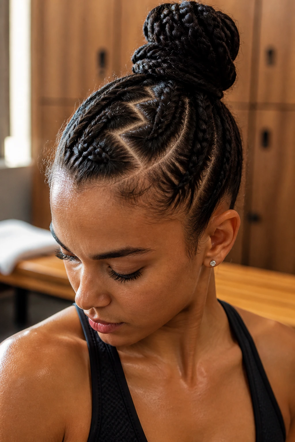 Close-up of Geometric Parting High Bun on a real woman in a gym setting