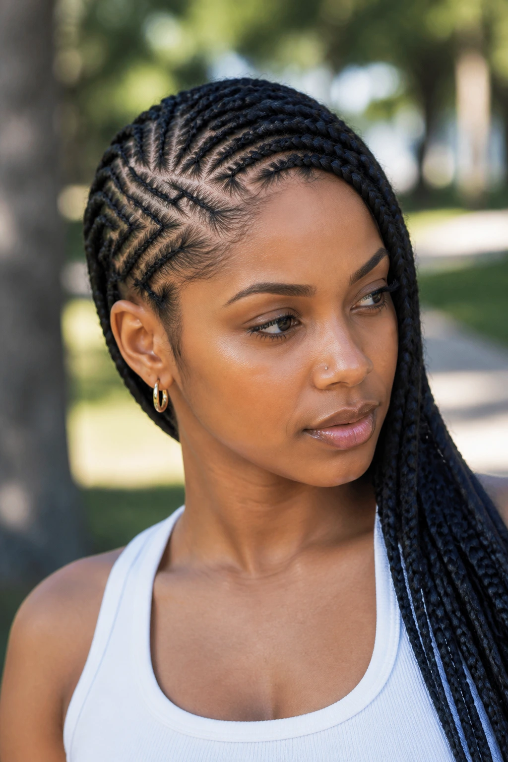 Portrait of a woman with side-swept cornrows and geometric parts