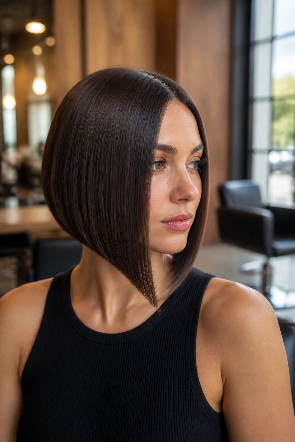 Close-up portrait of a real woman with a geometric V-cut bob in natural salon lighting