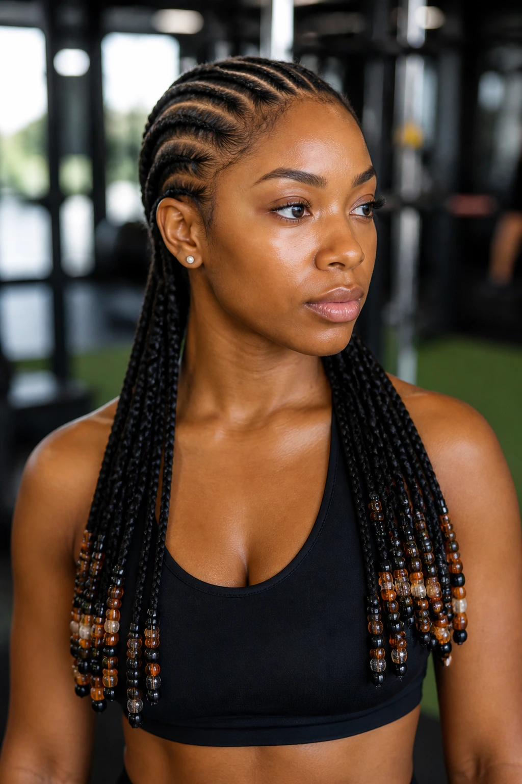 Portrait of person with beaded Ghana braids during workout