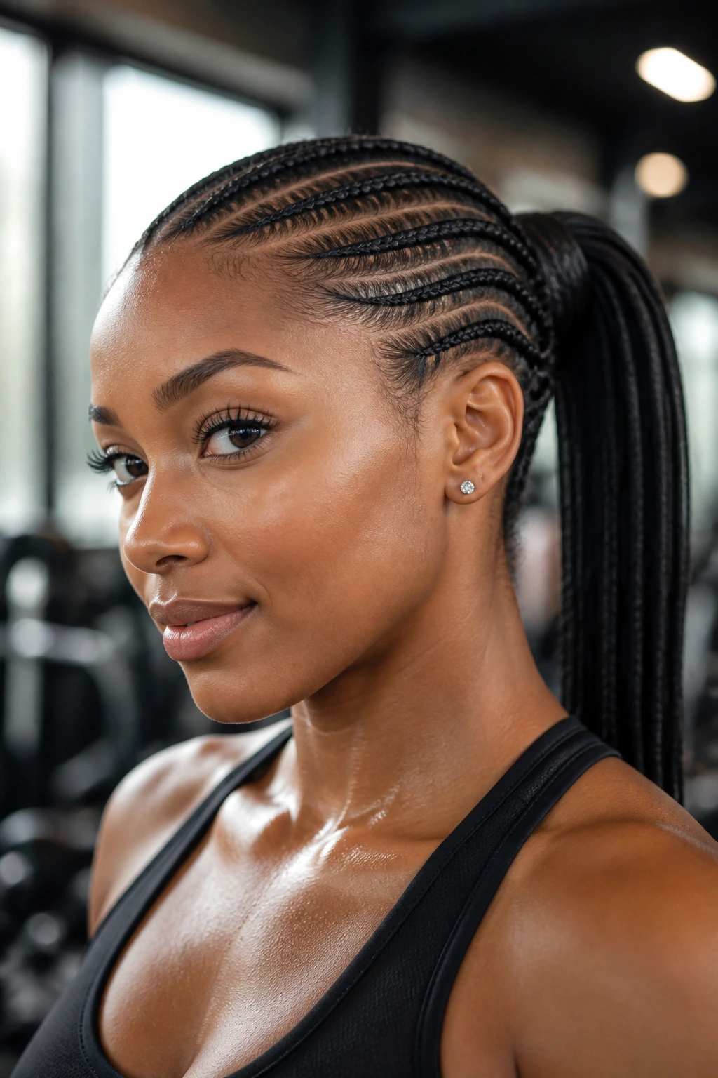 Close-up of a real woman with side-swept Ghana ponytail in a gym setting