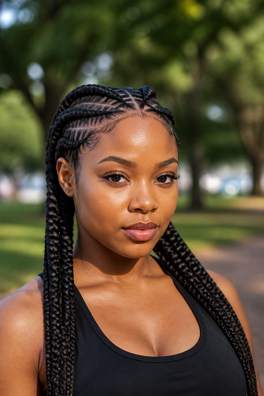 Woman with criss-cross Ghana weave braids secured at back in outdoor park