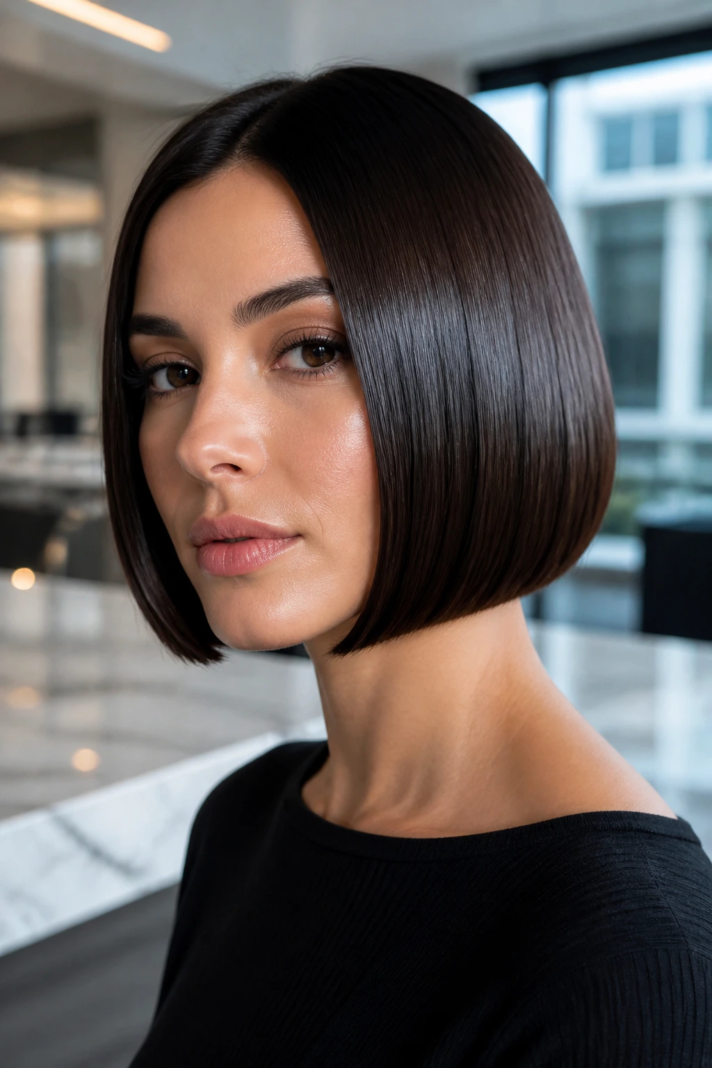 Close-up portrait of a real woman with glass hair ultra-glossy bob