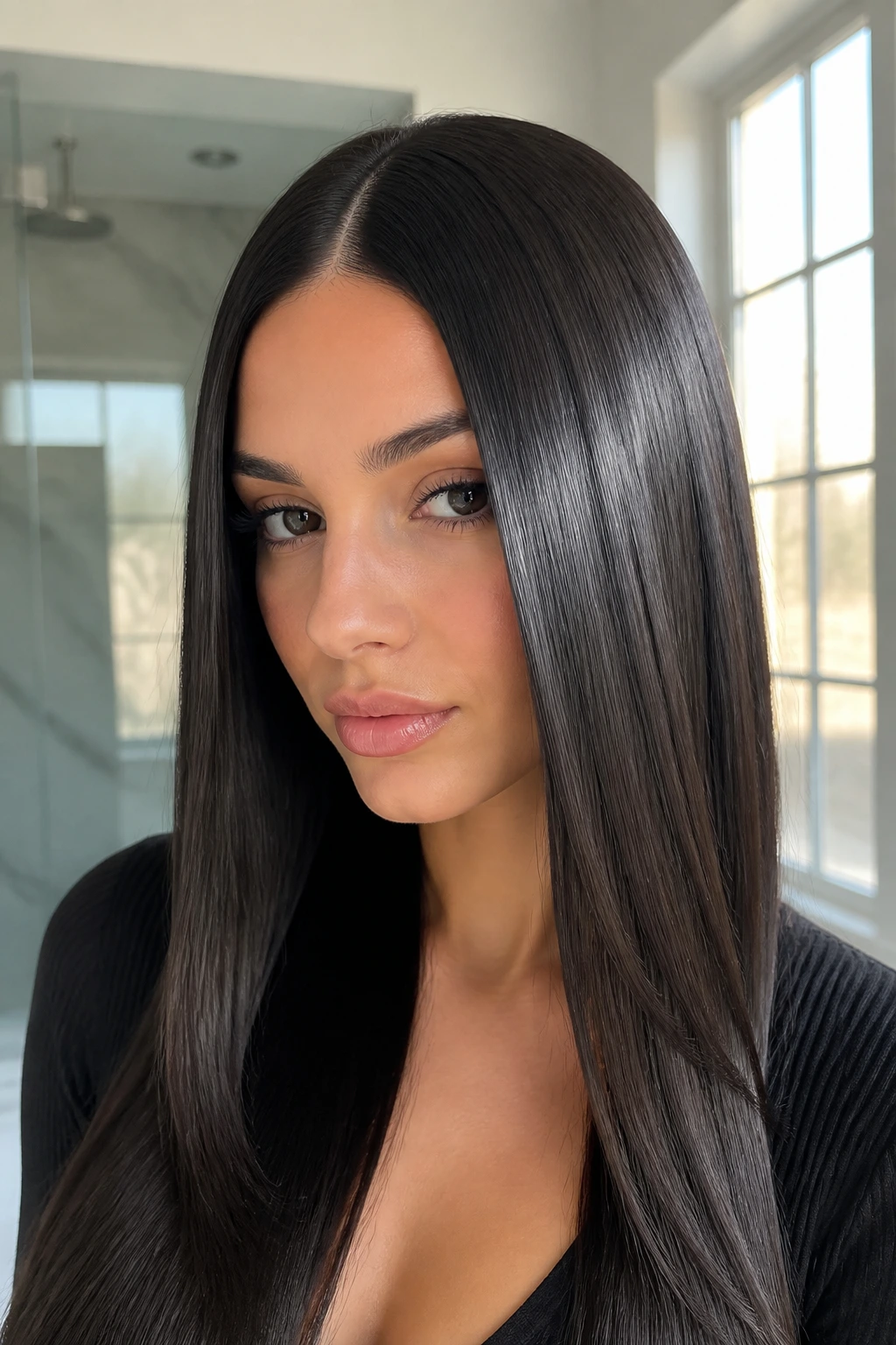 Close-up of sleek glass hair with a perfect center part on a real person