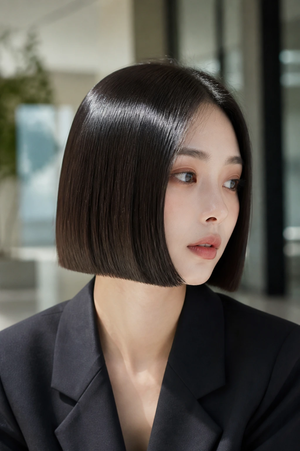 Portrait of real person with glass hair straight bob and high gloss