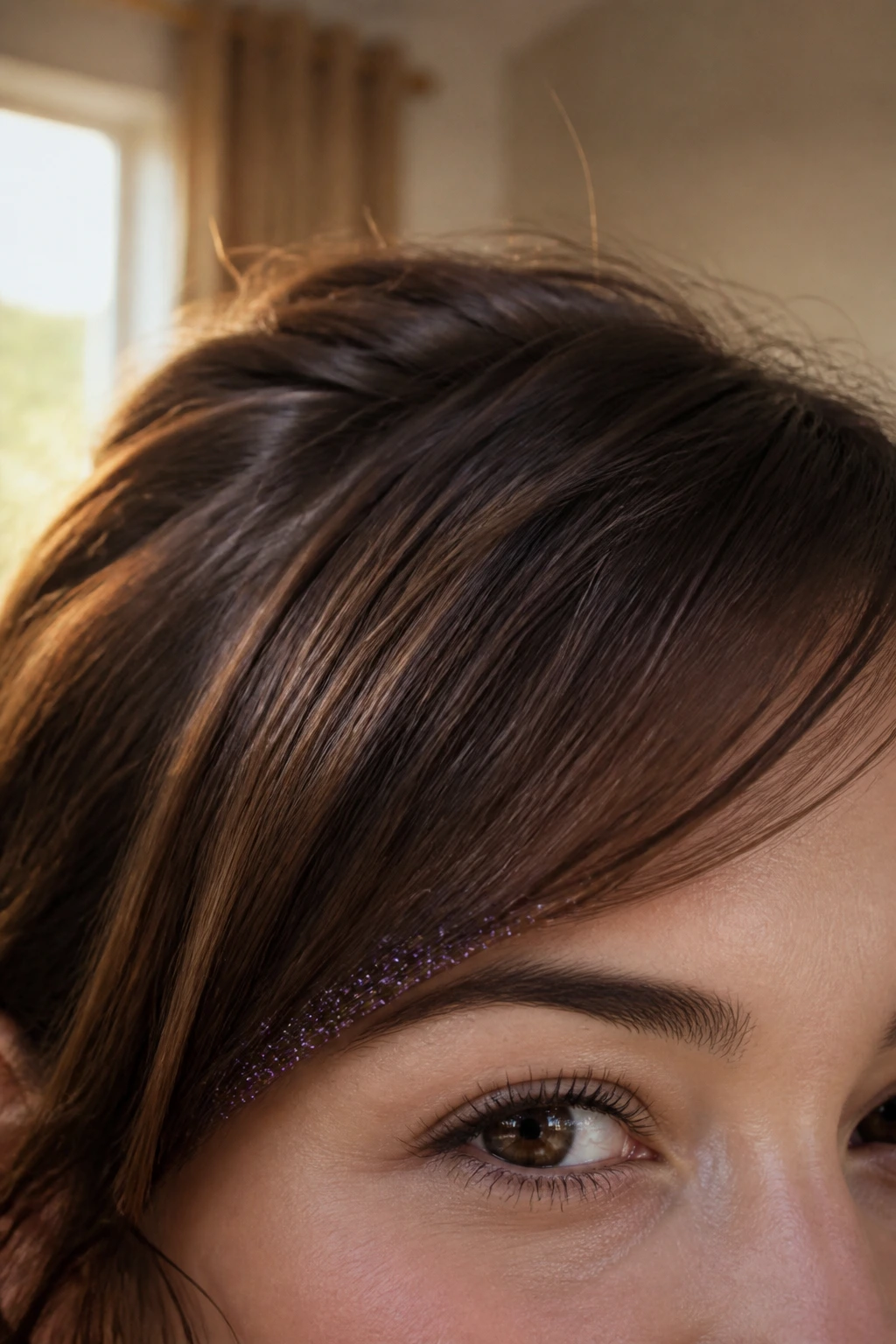Close-up of a woman with side-swept bangs featuring a glitter edge near the temple.