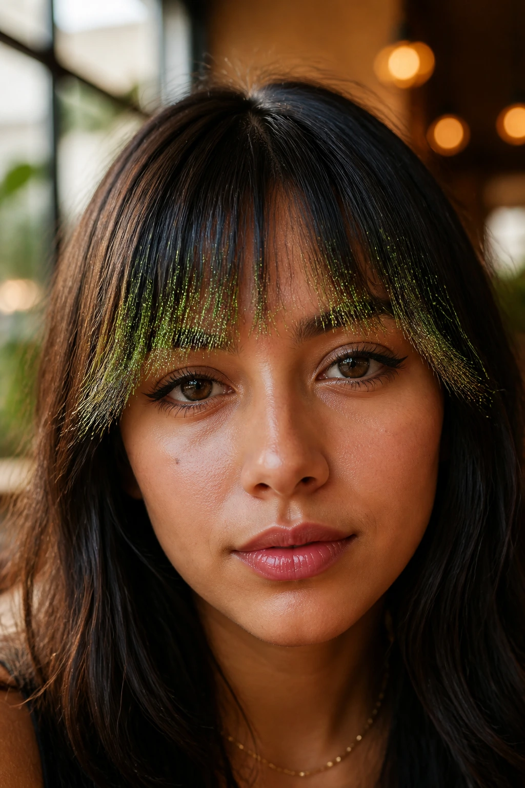Close-up of a real person with pistachio glitter bangs in warm cafe window light