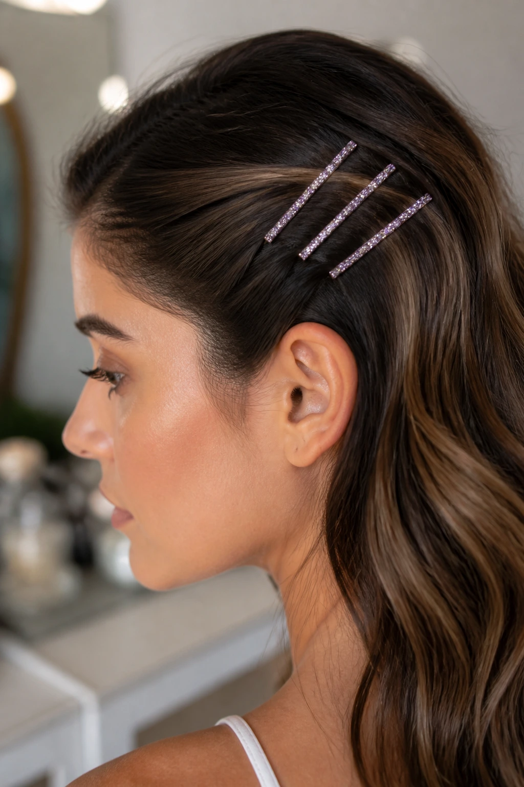 Close-up of a woman with glitter-coated bobby pins pinned back on one side