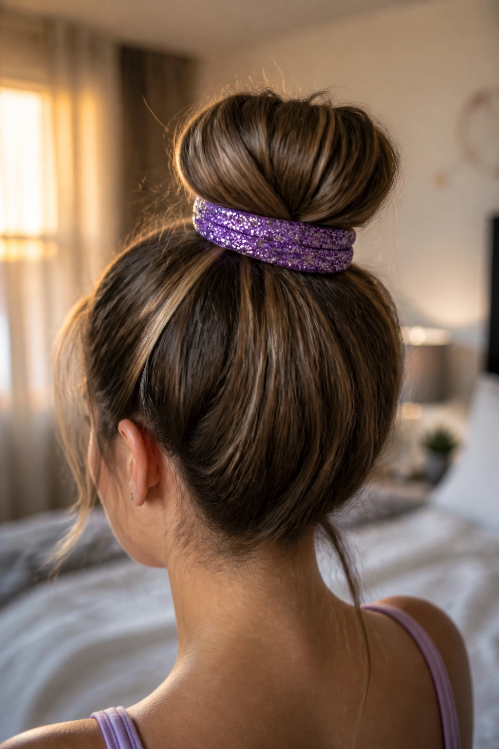 Close-up of a real woman's bun wrapped with a purple glitter ribbon in warm morning light