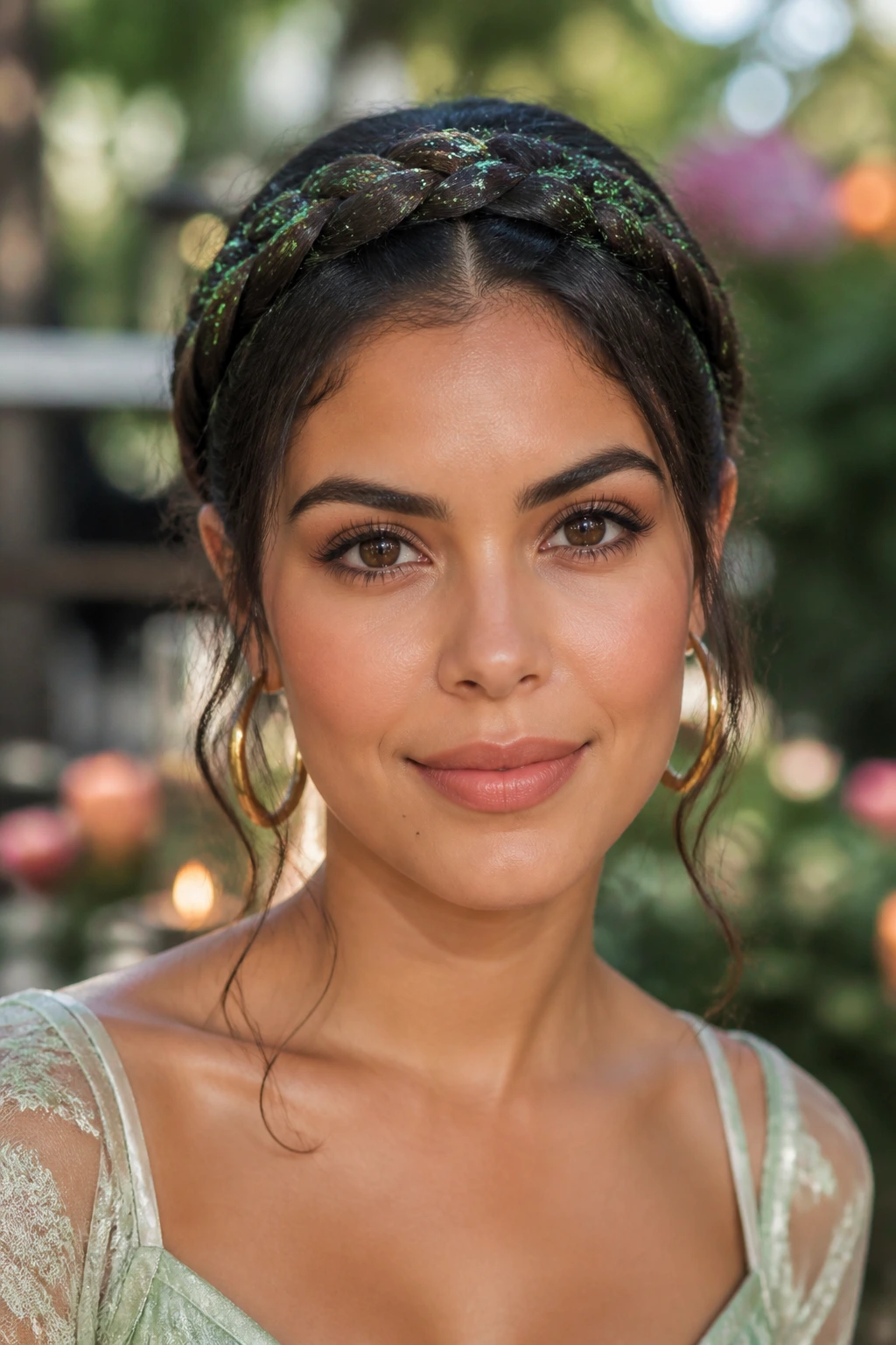 Close-up of a real person with thistle green glitter crown braid in a garden setting