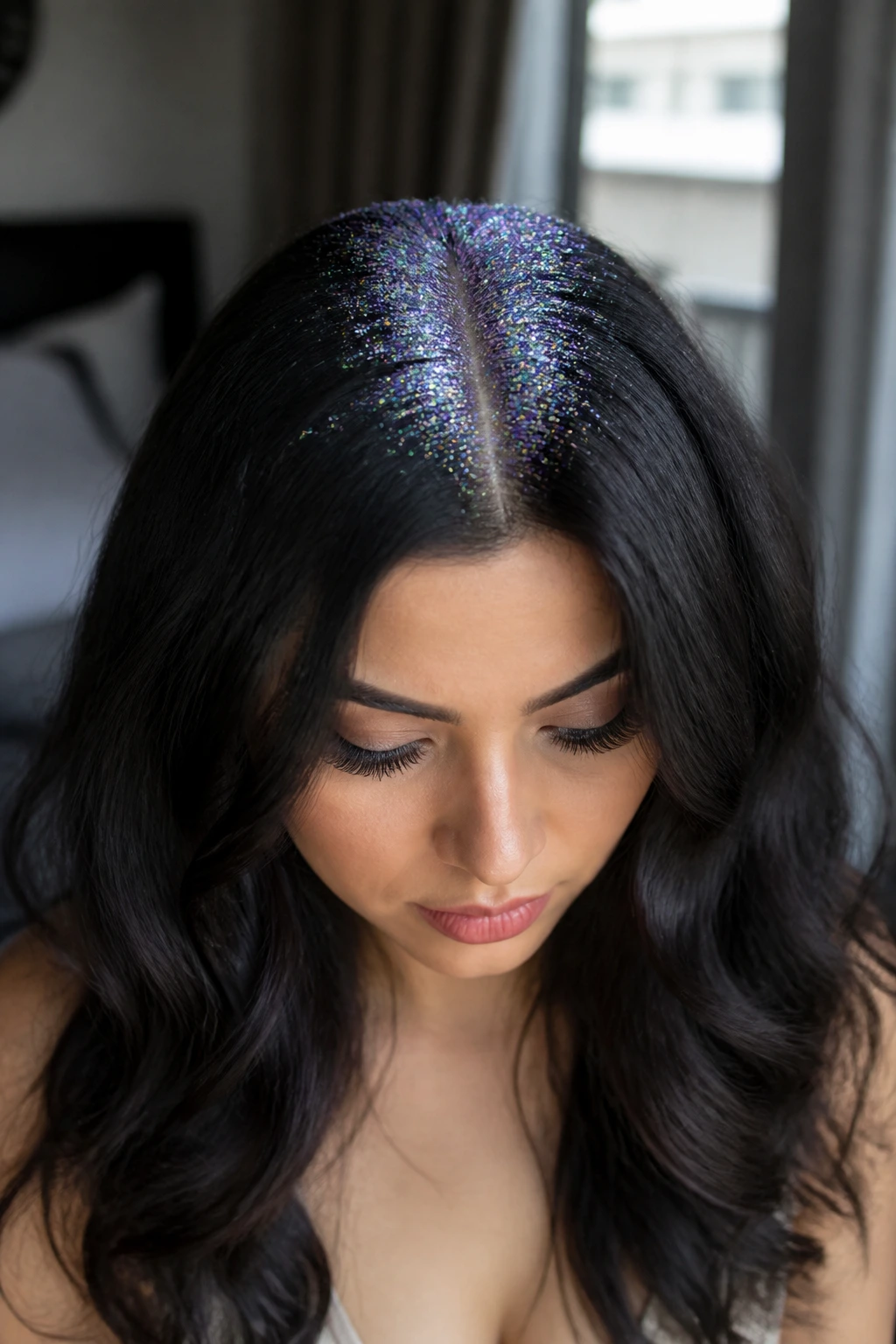 Close-up of thick hair with glitter root crown on a real woman, warm natural light