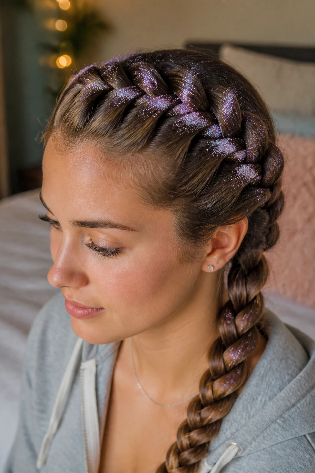 Close-up of a woman with a glitter-dusted Dutch braid showing glitter on braid peaks