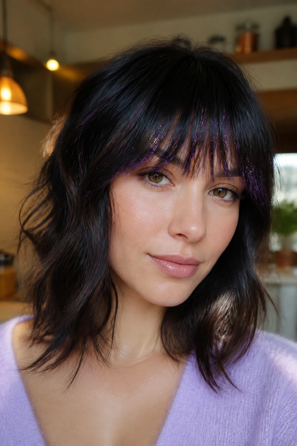 Close-up of a real woman with glitter-edged bangs reflecting warm kitchen light