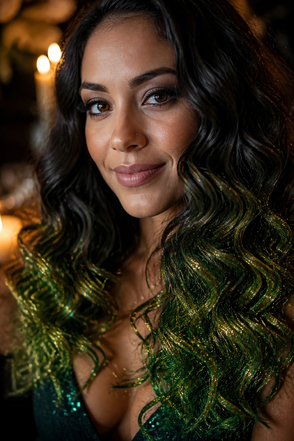 Close-up of a real person with emerald and gold glitter ends on loose curls at an evening event
