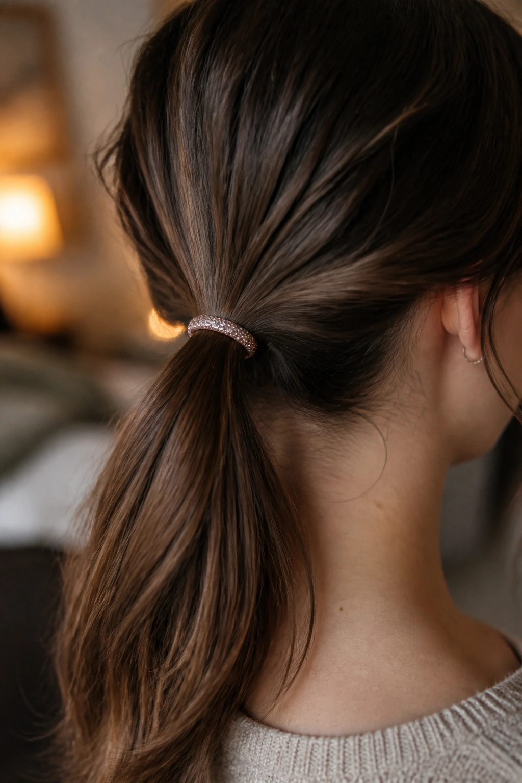 Close-up of ponytail base with a glitter gel halo around the elastic on a real person