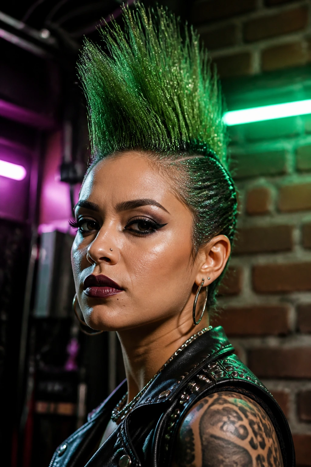 Portrait of a real person with a basil-green glitter faux-hawk in a punk backstage setting