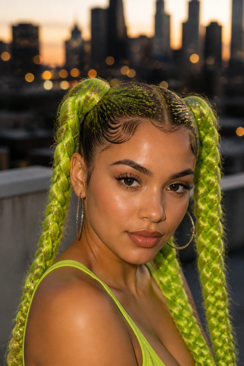 Close-up of a real woman with chartreuse glitter braided pigtails on an urban rooftop at golden hour