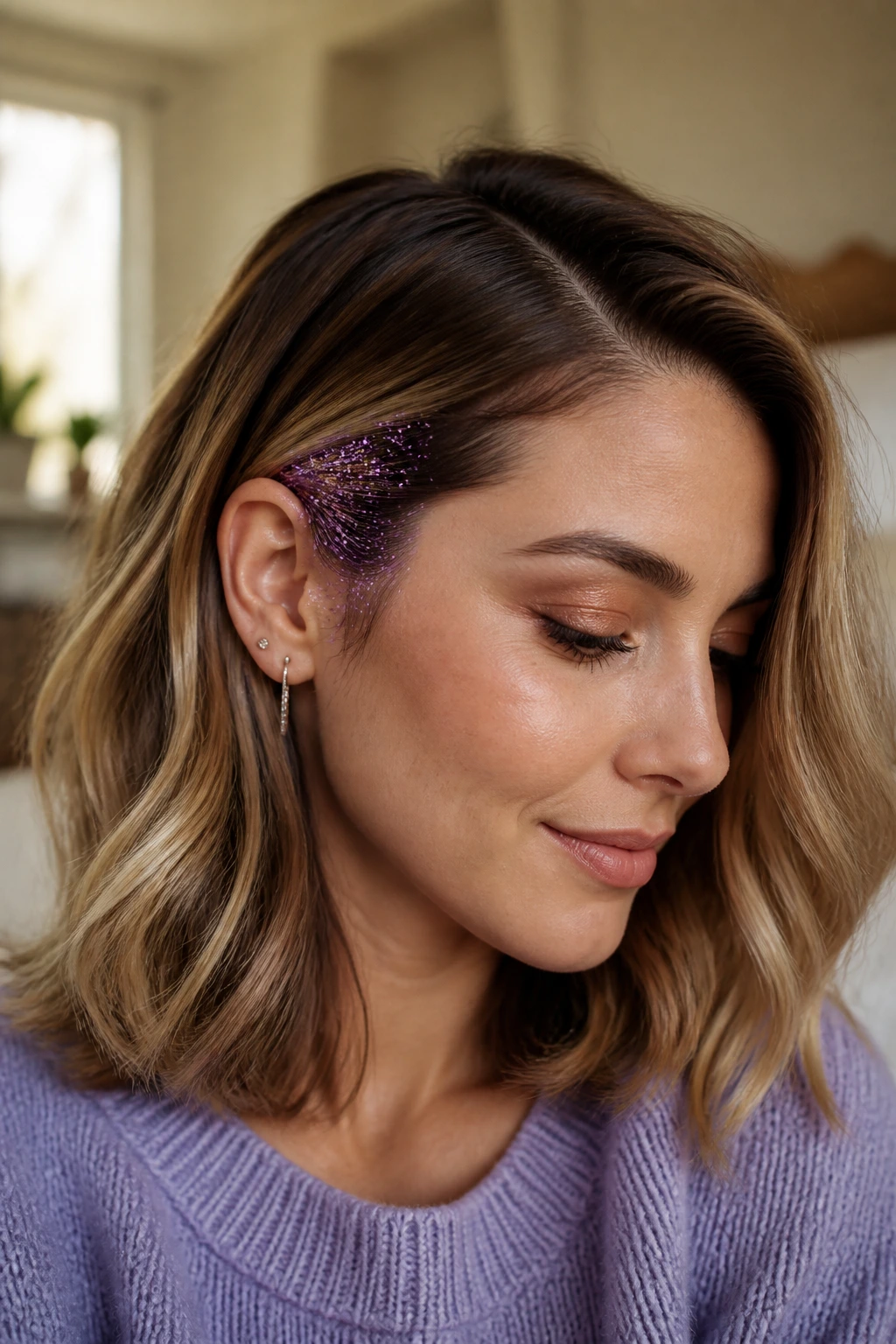 Close-up of a real woman's side-part with glitter tucked behind the ear.