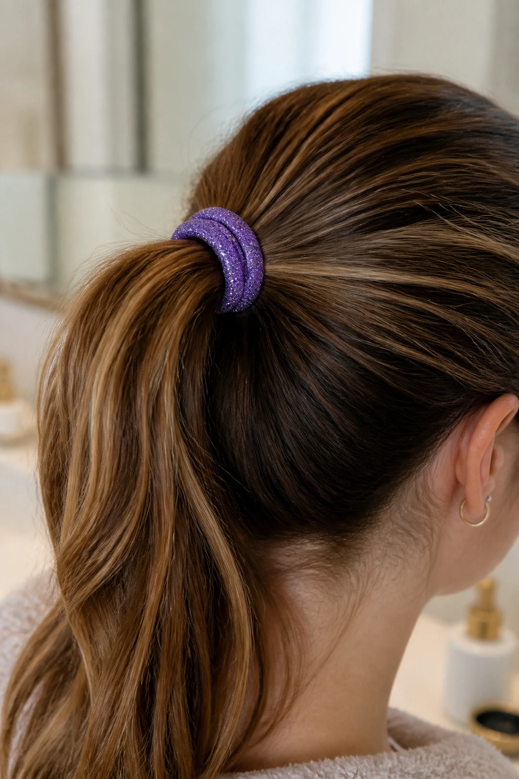 Hair tied with a glitter-coated fabric hair tie forming a decorative ponytail