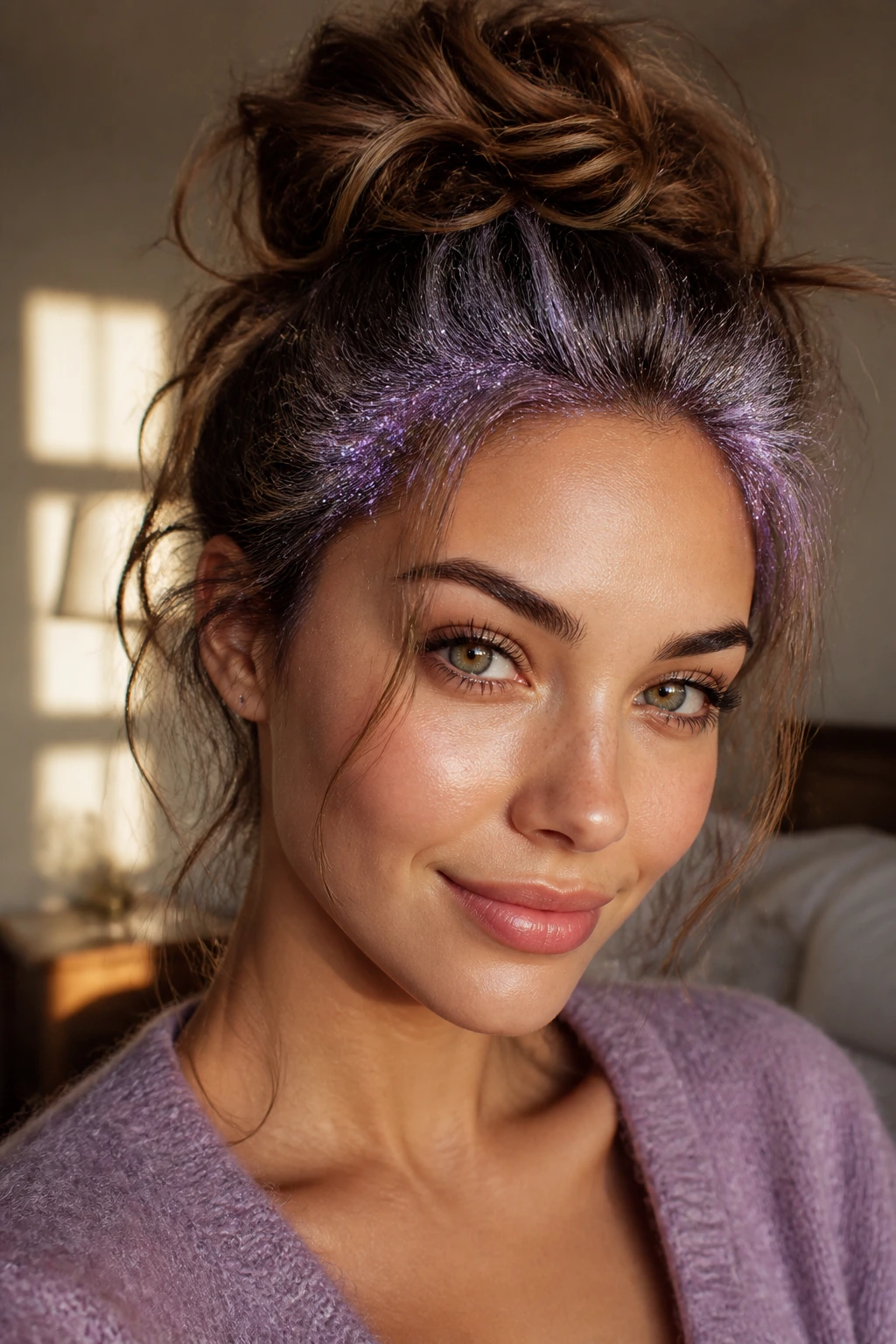 Close-up of a woman with a messy bun and a glitter halo around the hairline