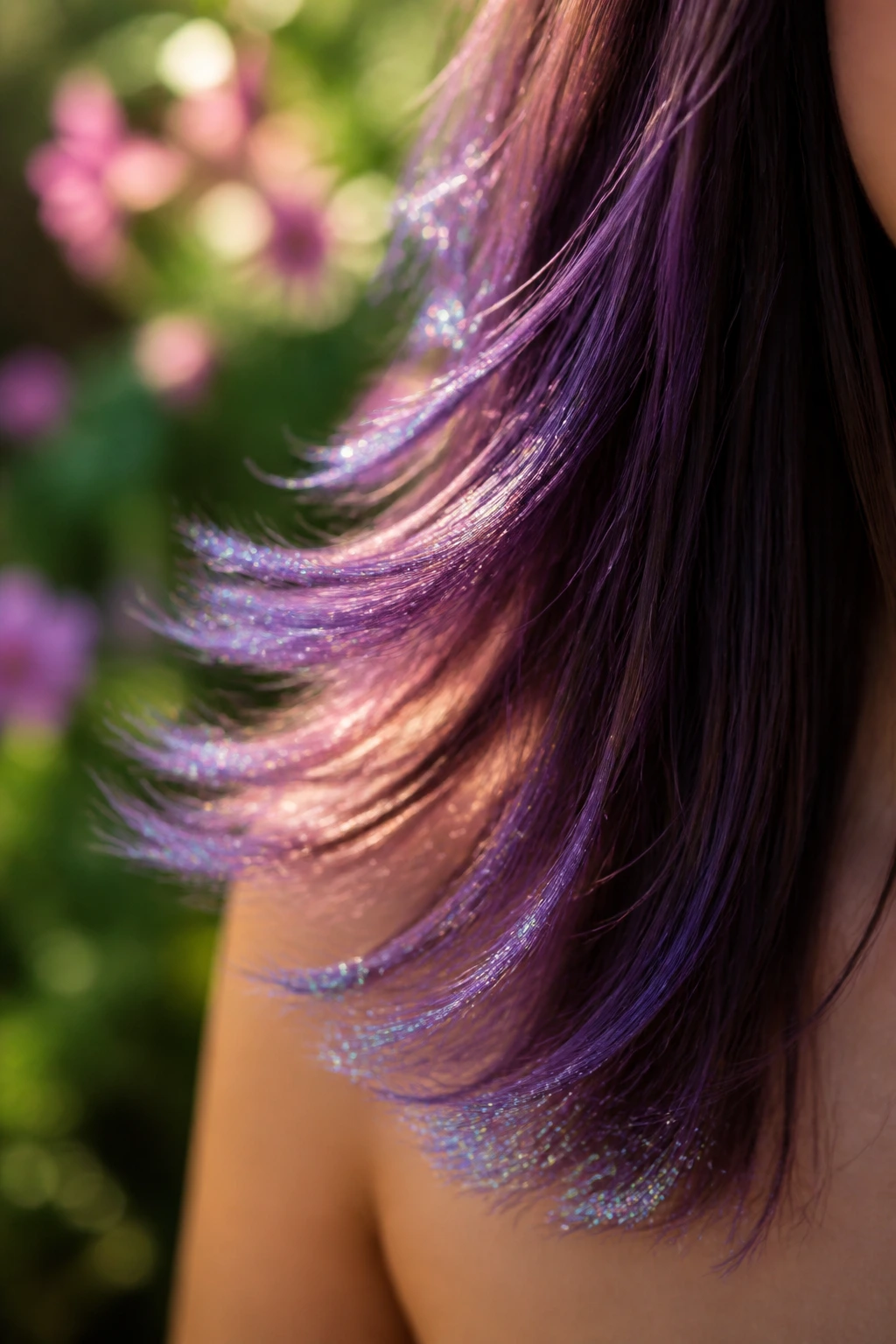 Close-up of glitter on hair tips of layered long hair on a real person