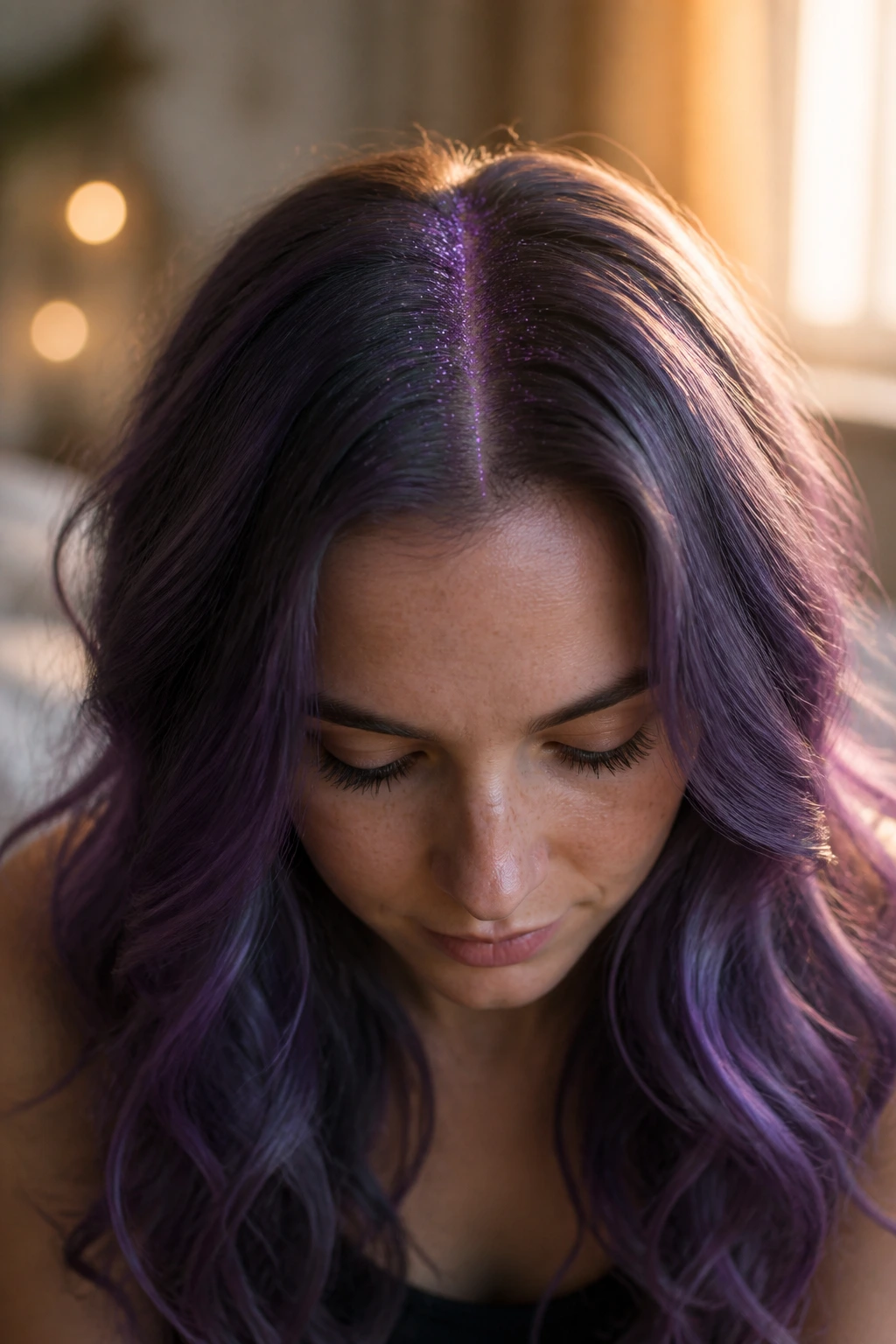 Close-up of a woman with a subtle lavender glitter part along the hair part at the crown
